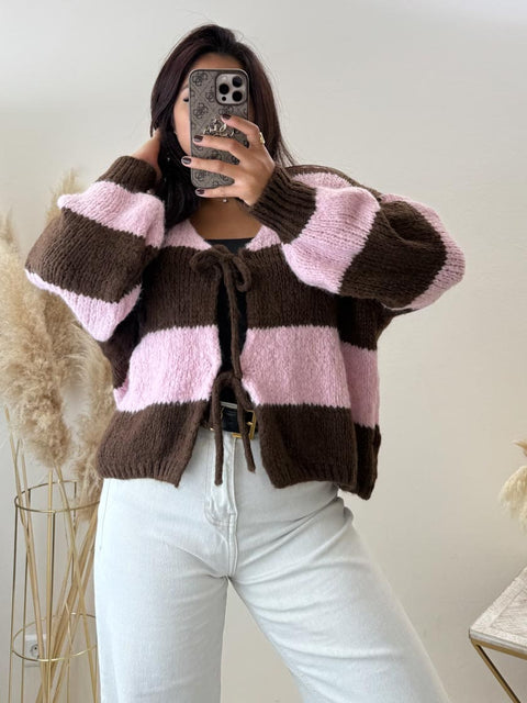 Schleifen Cardigan gestreift Rosa