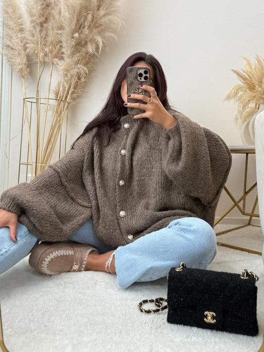 Oversize Strickjacke Lang Hellbraun