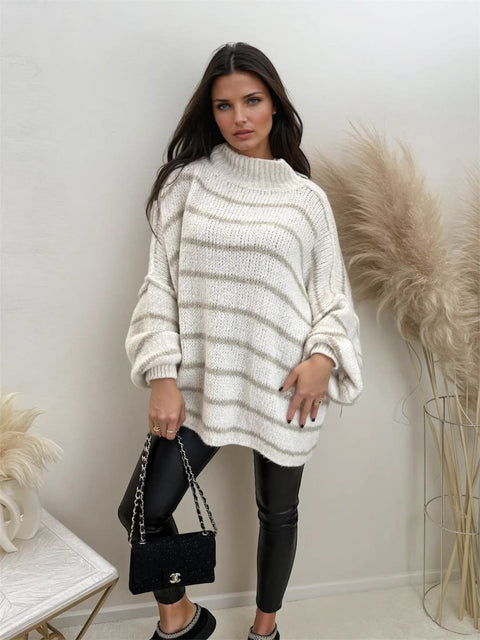 Oversize Pullover Gestreift Beige
