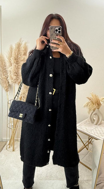 Langer Cardigan mit Goldknöpfen Schwarz