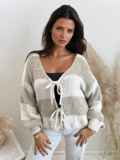Schleifen Cardigan gestreift Beige