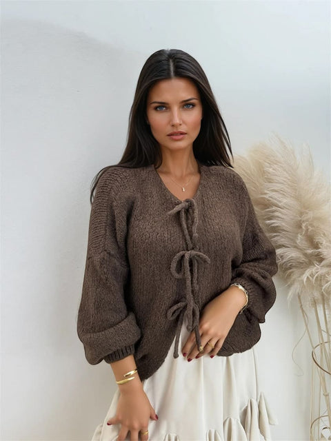 Schleifen-Cardigan Dunkelbraun