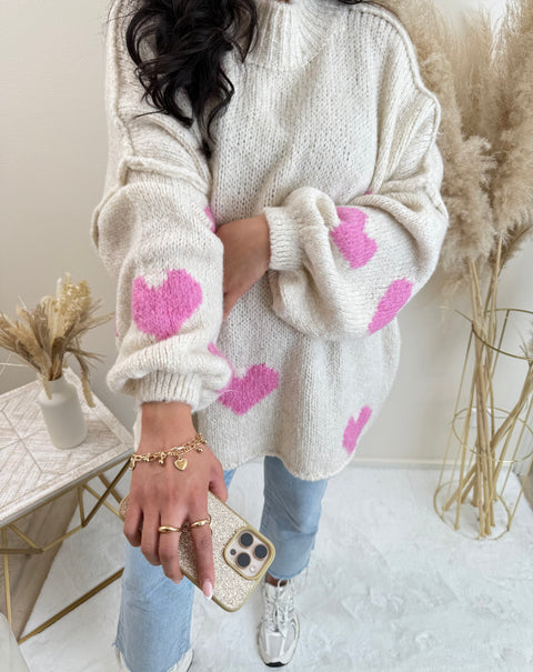Oversize Pullover mit Herzen Beige/Rosa
