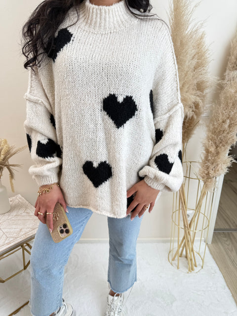 Oversize Pullover mit Herzen Beige/Schwarz