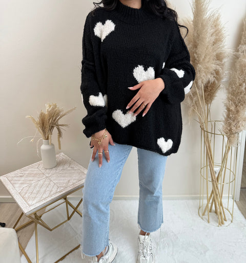 Oversize Pullover mit Herzen Schwarz
