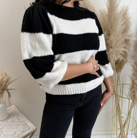 Streifen Pullover mit Ballonärmeln Schwarz