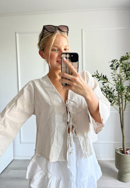 Leinen Bluse mit Schleifen Beige